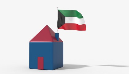 Casa 3D con bandiera al vento Kuwait sul tetto