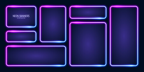 Glowing neon banners, illuminated colorful square frames. Shiny vibrant border, glow effect. Blue vintage retro lights, night illumination. Modern futuristic UI design elements. Vector illustration