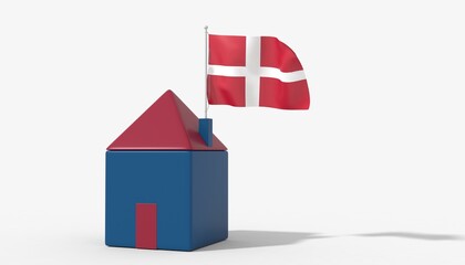 Casa 3D con bandiera al vento Denmark sul tetto