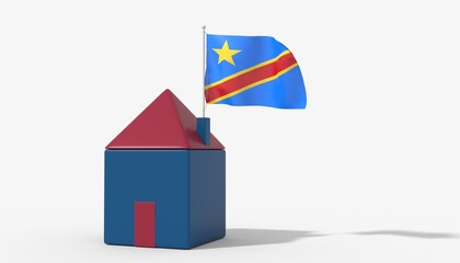 Casa 3D con bandiera al vento Democratic Republic of the Congo sul tetto