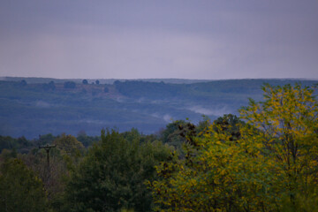Evening landscape with fog rising above the green forest that will change in the autumn season