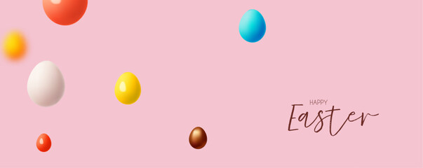 Happy Easter! Holiday background with colorful eggs. Easter eggs on pink background.
