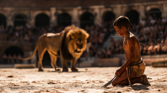 A boy gladiator faces a lion in the colosseum arena in ancient RomeBut sometimes hungry animals fought against gladiators in contests called venationes ,wild beast hunts.