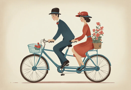 couple riding a tandem bicycle built for two vintage illustration isolated on a transparent background