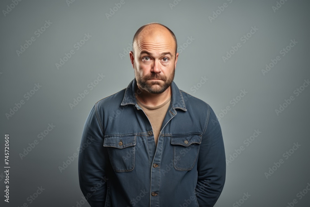 Canvas Prints portrait of a bald man with a beard in a denim shirt on a gray background