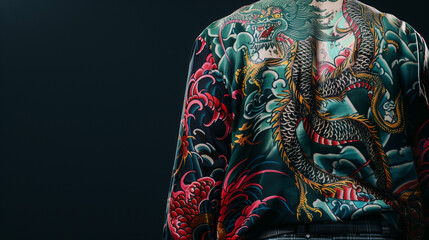 An ultra-HD capture of a man's full back tattoo showcasing a Japanese-style dragon in vibrant colors, paired with a traditional kimono-inspired shirt.