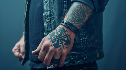 An ultra-HD image showcasing a man's forearm tattoo of a Viking rune, with ancient symbols and mystical aura, against a solid slate blue background, symbolizing wisdom and power.