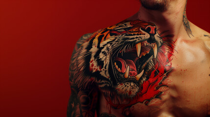 An ultra-HD image showcasing a man's chest tattoo of a roaring tiger, with lifelike details and vibrant colors, against a solid crimson red background, representing power and ferocity. - Powered by Adobe