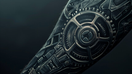 A close-up shot of a man's arm tattoo of a mechanical gear, rendered in precise linework and metallic shades, against a solid steel gray background.