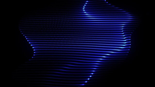 Wave motion of 3D blue dotted horizontal lines on black background. Abstract concept of digital sound waves, artificial intelligence (AI) or data analysis. 4K looped animation of vibrant 3D soundwaves