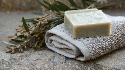 spa still life with towel, herbs and handmade soap.