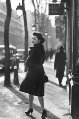 vintage photo black and white, a young adult woman walking through the streets of Paris