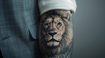 A UHD capture of a man's forearm tattoo featuring a realistic portrait of a lion, showcasing...