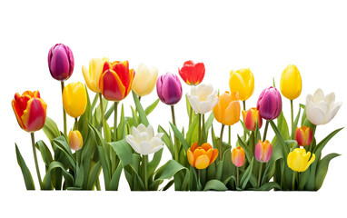 Colorful Tulips in Garden Bed Isolated on Transparent Background PNG.