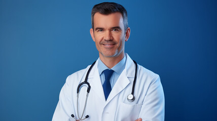Fototapeta premium Portrait of confident medical doctor on blue background