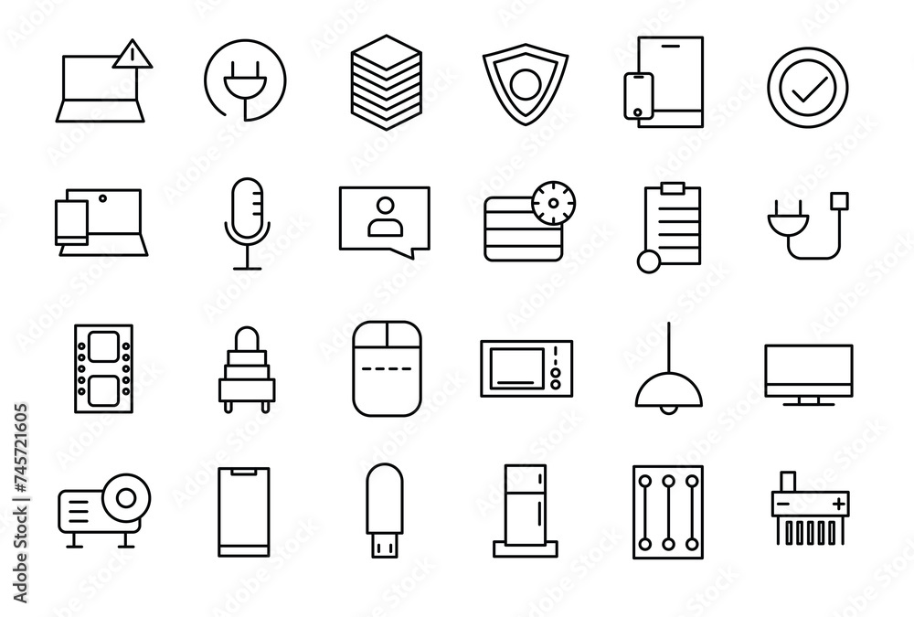 Poster device and technology line icon set. electronic devices and gadgets outline icons collection for web