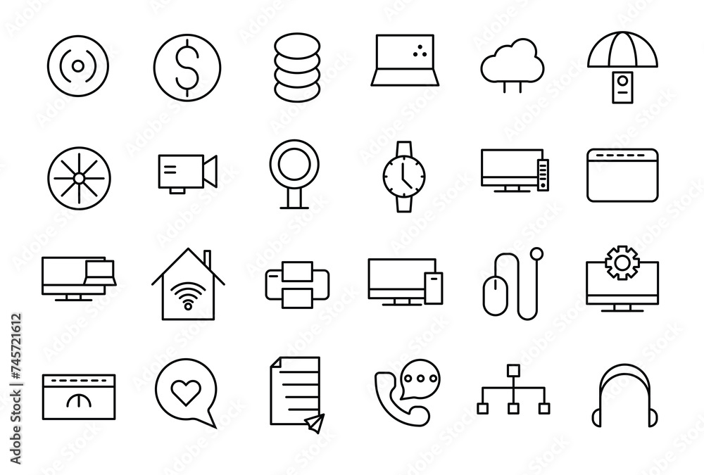 Poster device and technology line icon set. electronic devices and gadgets outline icons collection for web