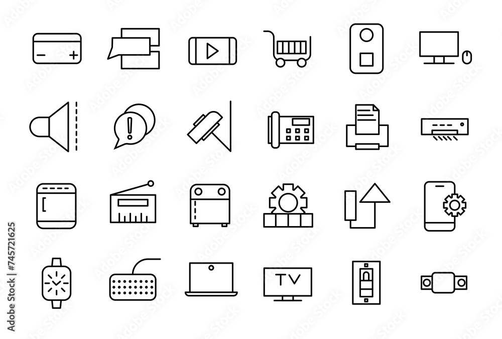 Poster device and technology line icon set. electronic devices and gadgets outline icons collection for web