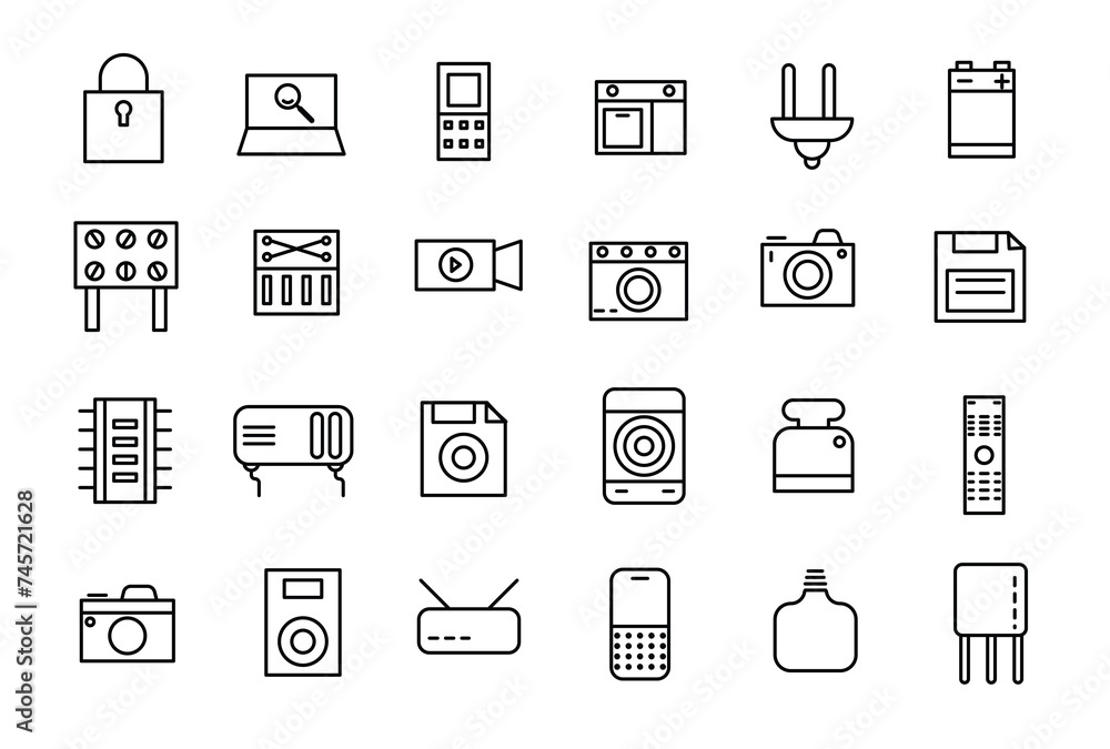 Poster device and technology line icon set. electronic devices and gadgets outline icons collection for web