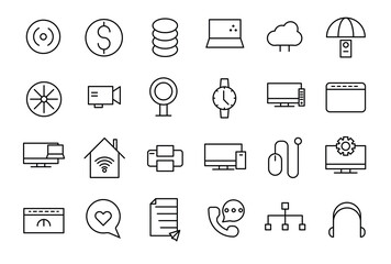 Device and technology line icon set. Electronic devices and gadgets outline icons collection for web and mobile app.