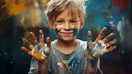 Smiling boy with paint on his hands and face - obrazy, fototapety, plakaty