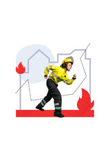 Collage picture image of professional fireman running save help people burning house isolated on drawing background