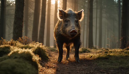 A large wild boar stands in a forest.  The boar  is looking directly at the camera