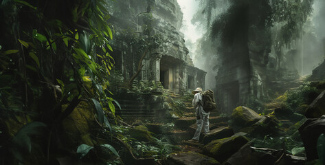 the thrill of discovery with an image of a researcher uncovering ancient ruins hidden deep within the jungle, hinting at a lost civilization realistic High-resolution - obrazy, fototapety, plakaty