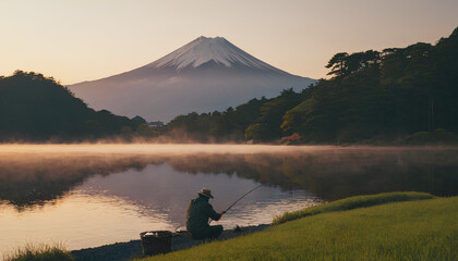A man  is fishing on  a lake  with  a mountain in the background
