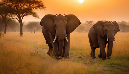 Fototapeta na wymiar A family of elephants walks together in a line, with the sun setting behind them.