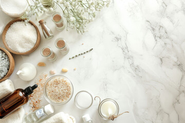 An overhead shot of an elegant bathroom countertop adorned with glass jars of sea salt, pumice stones, and various essential oils, showcasing a luxuri - obrazy, fototapety, plakaty