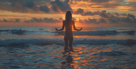 the tranquility of a person practicing yoga on a peaceful beach at sunrise, surrounded by the sounds of the ocean and the warmth of the sun realistic High-resolution photography
