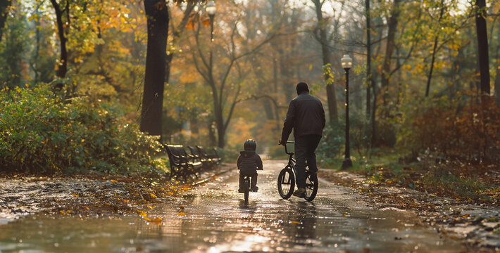 a  shot of a parent teaching their child to ride a bike in a park, showcasing the bond between parent and child and the joy of learning realistic High-resolution photography