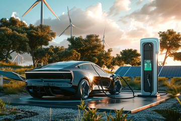 An innovative electric car charging at a futuristic station powered by solar and wind energy, showcasing sustainability in transportation with dynamic angles and balanced depth. - obrazy, fototapety, plakaty