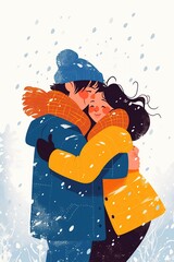 illustration, cute young couple wearing bright jackets