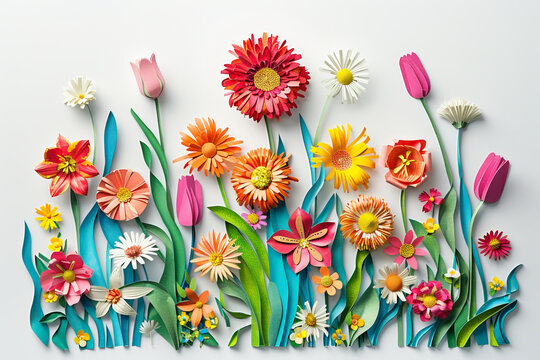 An artful depiction of daisies and tulips in a paper cut style against a clean, white backdrop, showcasing intricate details and accentuating empty space.