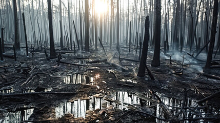 burnt forest after a forest fire, black charred trees, consequences of a forest fire