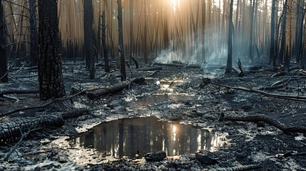burnt forest after a forest fire, black charred trees, consequences of a forest fire