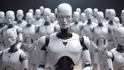 Crowd of humanoid androids illustration. Robotic army of the future. Artificial intelligence. Science fiction