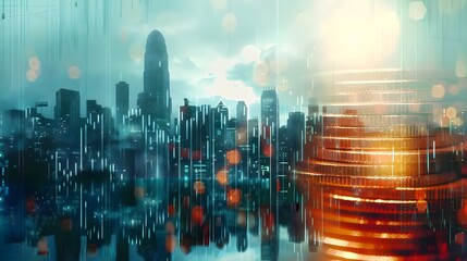 Double exposure of city, graph and rows of coins for finance and business concept