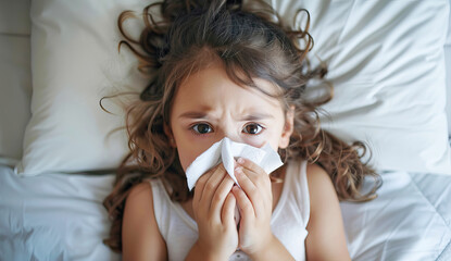 sad sick little girl child blowing nose into handkerchief while lying in bed
