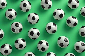 Pattern of Multiple Black and White Soccer Balls Arranged on Green Background, 3D Render Sports Concept Texture Design