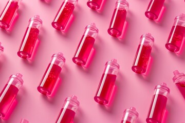 Pink liquid in small bottles on pink background 3d render top view flat lay concept skincare beauty product packaging aesthetic design