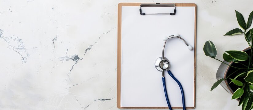 Medical stethoscope and clipboard exam with on white background. Generated AI image