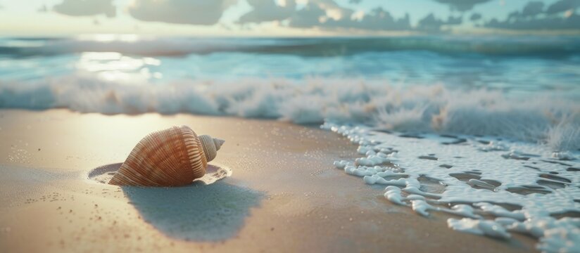 Sea shell on the sandy beach ocean background.Generated AI image