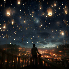 Silhouette of a man with lanterns in the night sky