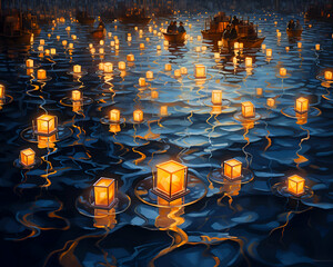  3d  rendering of floating lanterns in the dark water with reflection