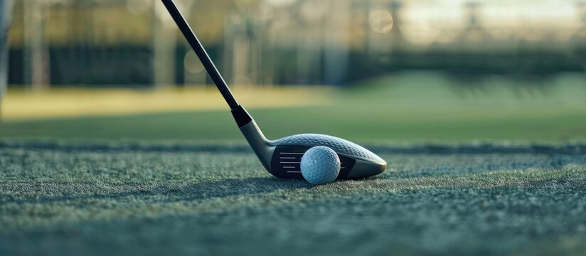 Close up a golf ball behind driver at driving range golf course grass. Generated AI image