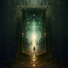Man standing in front of an open door in a dark mystical forest