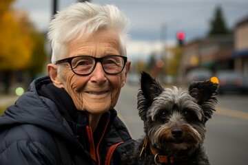 A stylish, mature woman with gray hair takes a leisurely walk with her dog.